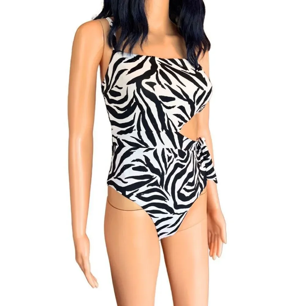 AQUA Sashed Cutout One Piece Swimsuit M NWT Zebra Print Resort Summer Vacation